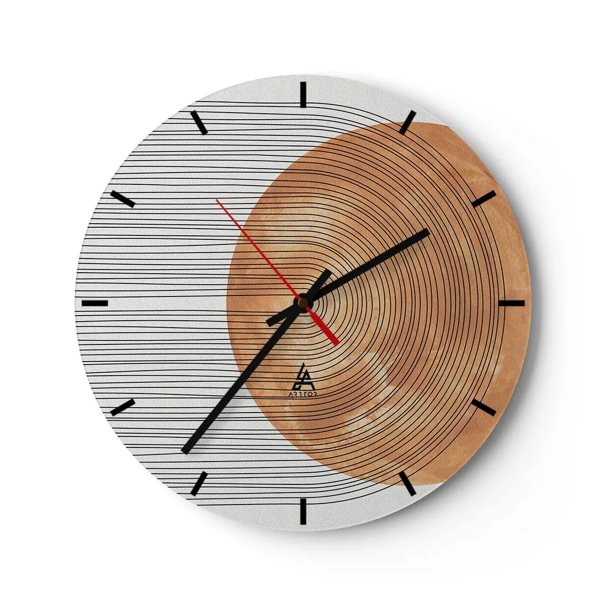 Ceas de perete - Ceas pe sticlă - Lemn și linii pe un fundal deschis în armonie geometrică - 30x30cm - Compoziția solară - Decorațiune modernă pentru perete pentru living, bucătărie și dormitor ARTTOR