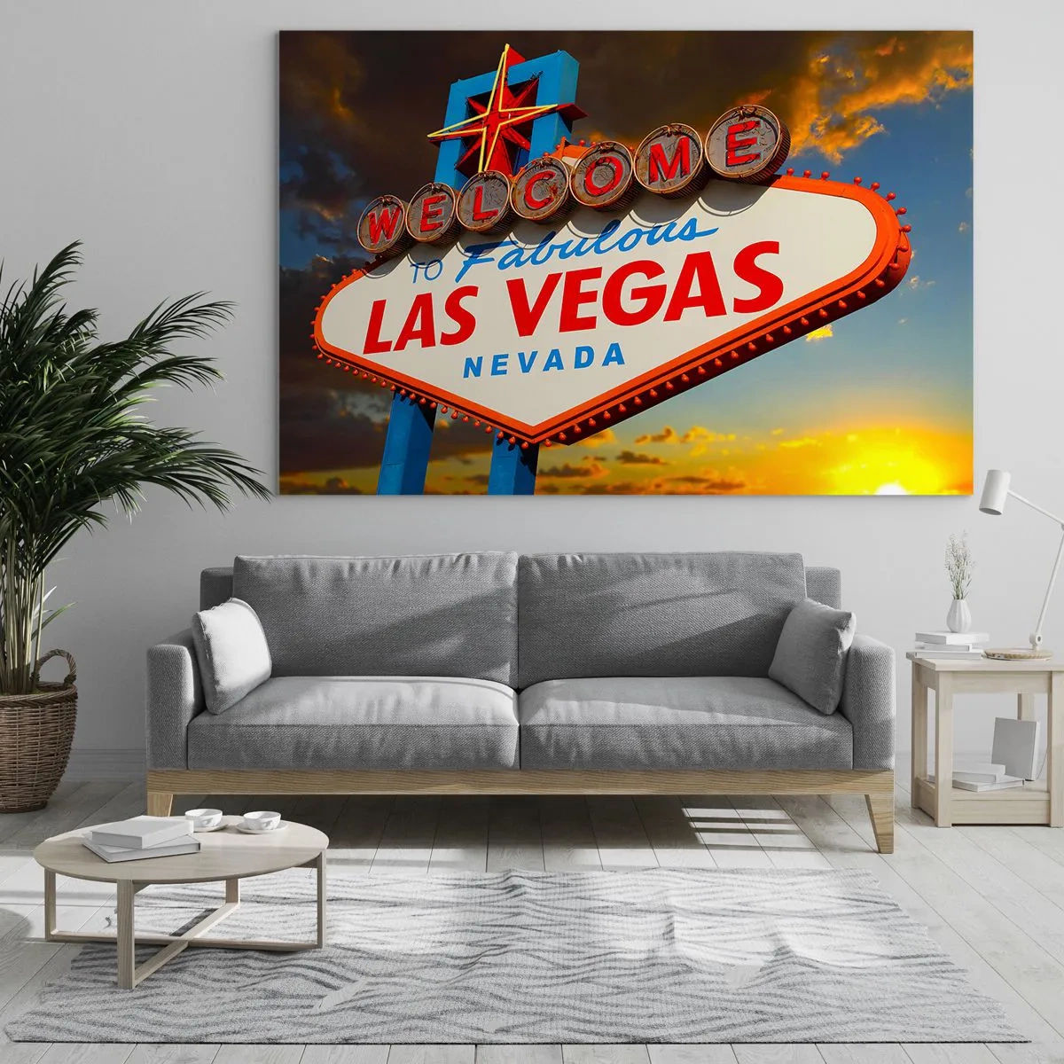 Tablou pe sticlă - Semn de bun venit în Las Vegas pe fundalul soarelui apus - 70x50cm - Pentru un zâmbet din partea destinului - Decorațiune modernă pentru perete pentru living și dormitor ARTTOR