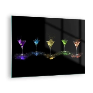 Tablou pe sticlă - Băuturi colorate în pahare pe fundal negru - 70x50cm - Culori de bucurie în sticla de cristal - Decorațiune modernă pentru perete pentru living și dormitor ARTTOR