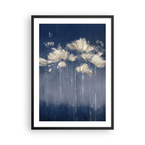Poster în ramă neagră - Flori abstracte aurii pe un fundal albastru marin intens - 50x70cm - Ca petalele în vânt - Decorațiune modernă pentru perete pentru living și dormitor ARTTOR