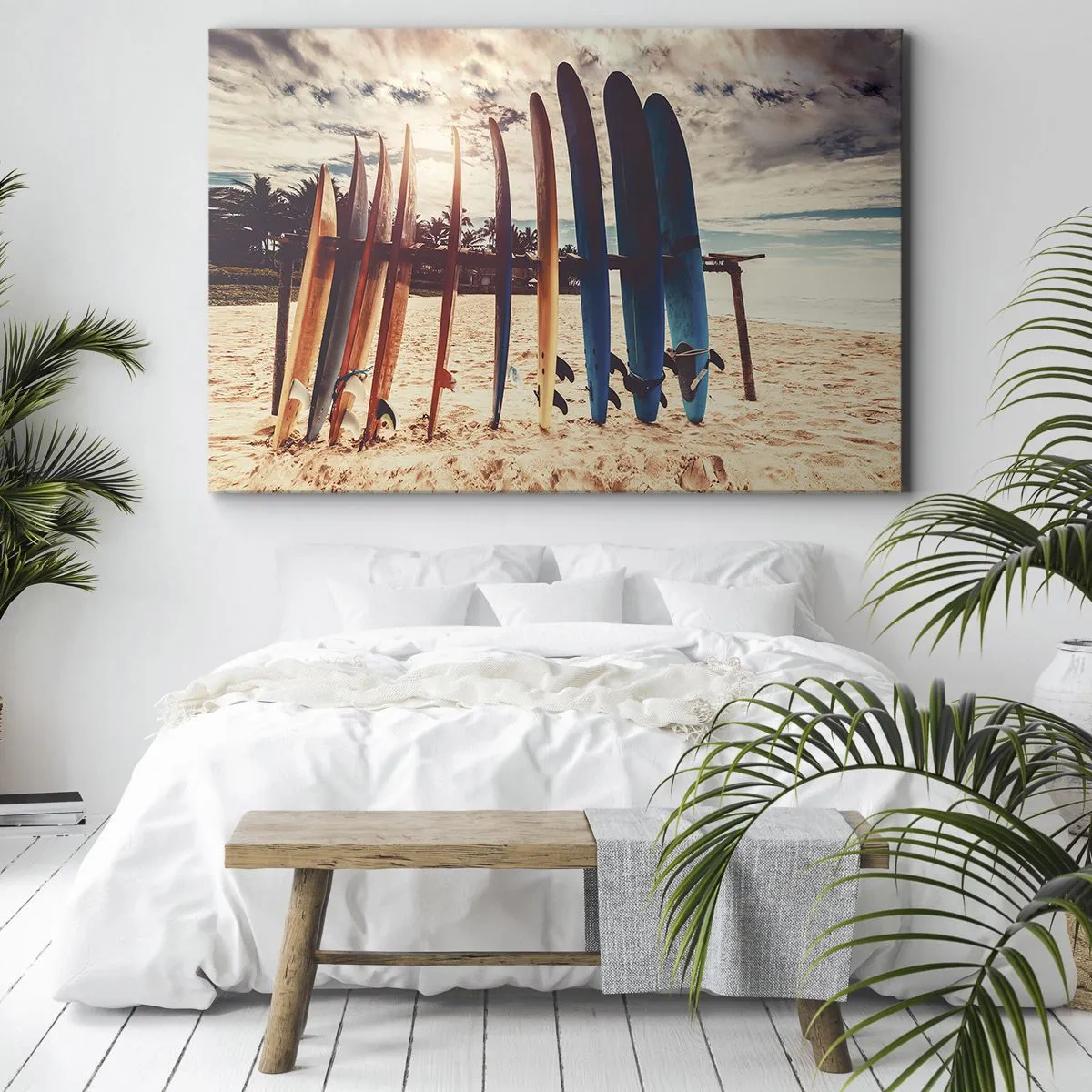 Tablou pe pânză Canvas - Plăci de surf pe plajă la apus - 70x50cm - Noapte bună, până mâine - Decorațiune modernă pentru perete pentru living și dormitor ARTTOR