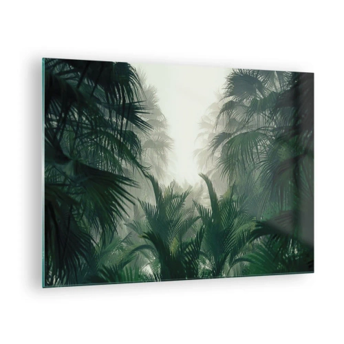 Tablou pe sticlă - Jungla tropicală învăluită în ceață - 70x50cm - Mister tropical - Decorațiune modernă pentru perete pentru living și dormitor ARTTOR