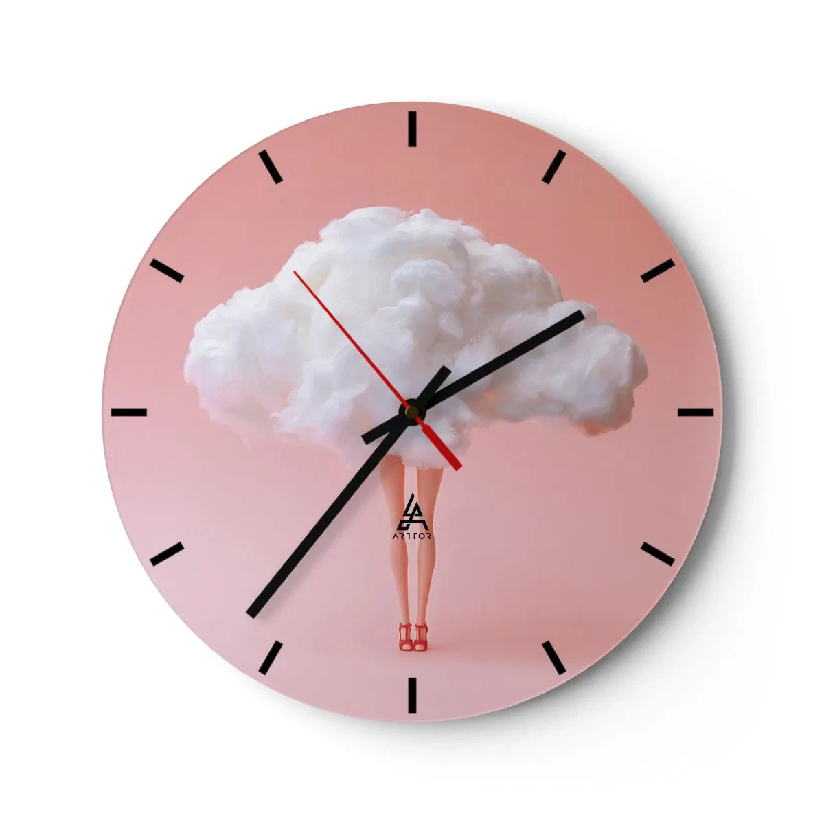 Ceas de perete - Ceas pe sticlă - Picioare în tocuri roșii înalte și un nor în loc de cap - 30x30cm - Dulce promisiune - Decorațiune modernă pentru perete pentru living, bucătărie și dormitor ARTTOR