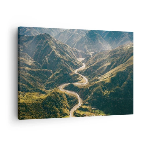Tablou pe pânză Canvas - Un peisaj montan cu un drum șerpuitor printre dealuri verzi - 70x50cm - Direct din inima munților - Decorațiune modernă pentru perete pentru living și dormitor ARTTOR