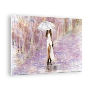 Tablou pe sticlă - Figura unei femei cu o umbrelă într-o scenă de ploaie liliac - 70x50cm - În ploaia de liliac - Decorațiune modernă pentru perete pentru living și dormitor ARTTOR