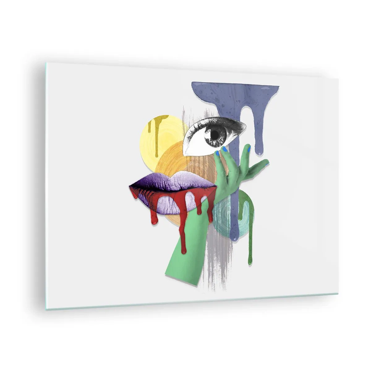 Tablou pe sticlă - Compoziție abstractă cu ochi, gură și culori - 70x50cm - Portret deconstruit - Decorațiune modernă pentru perete pentru living și dormitor ARTTOR