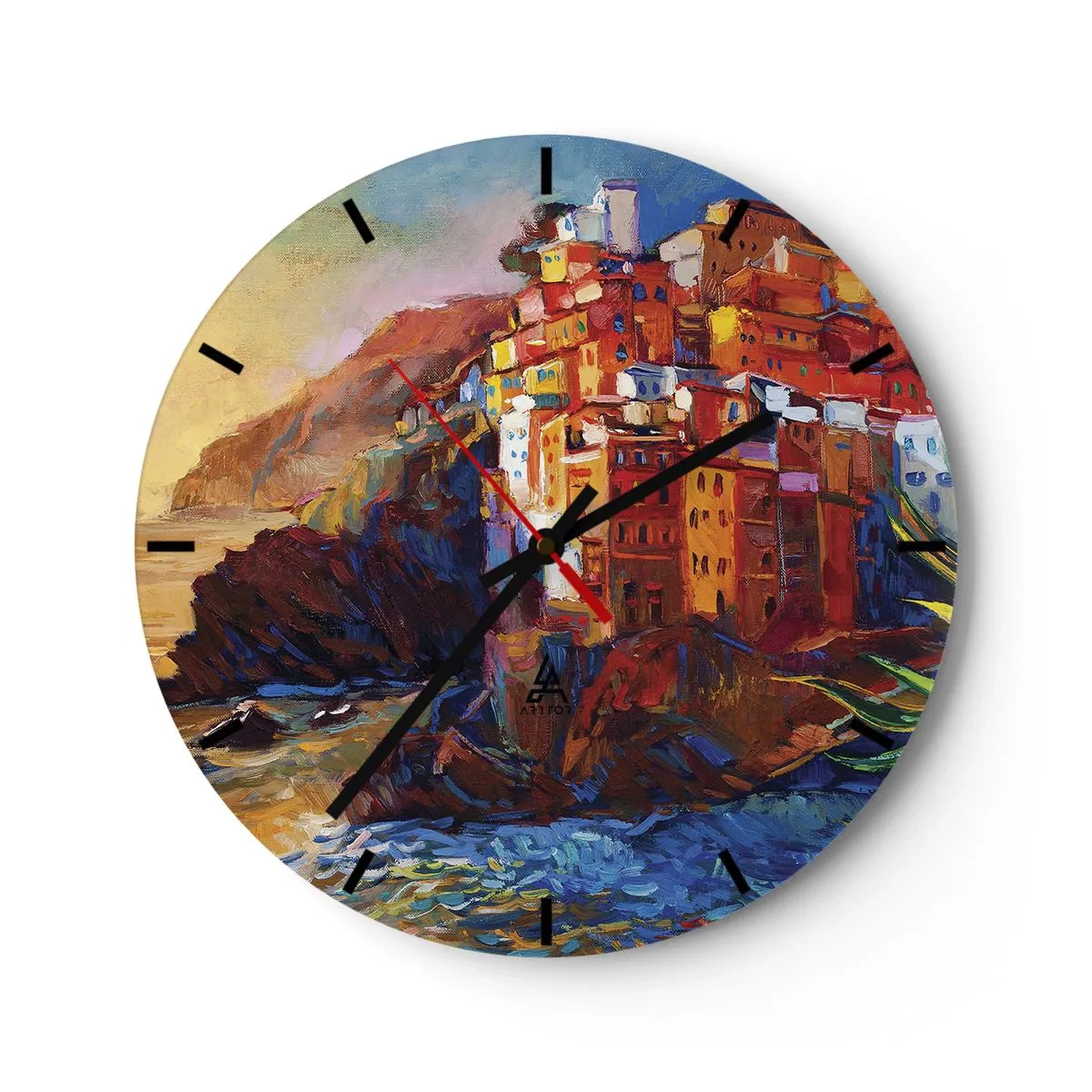 Ceas de perete - Ceas pe sticlă - Un sat pitoresc pe o coastă stâncoasă - 30x30cm - Oraș italian de vis - Decorațiune modernă pentru perete pentru living, bucătărie și dormitor ARTTOR