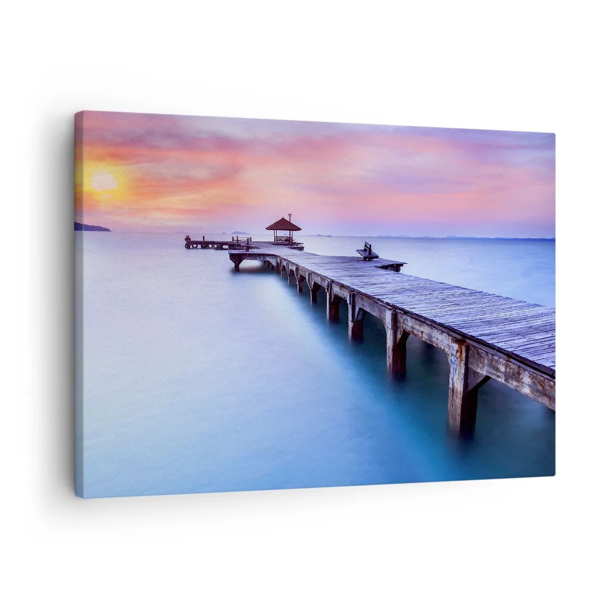 Tablou pe pânză Canvas - Dig de lemn care duce spre apă la apus - 70x50cm - Mare de liniște până la orizont - Decorațiune modernă pentru perete pentru living și dormitor ARTTOR