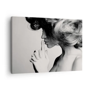 Tablou pe pânză Canvas - Profil alb-negru al unei femei care face gesturi de tăcere - 70x50cm - Ascultă-te pe tine însuți - Decorațiune modernă pentru perete pentru living și dormitor ARTTOR