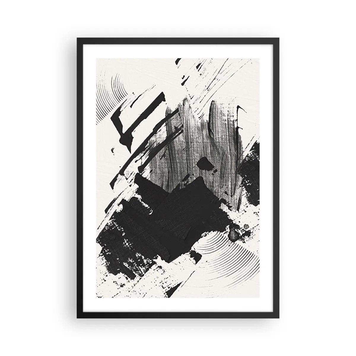 Poster în ramă neagră - Tușe de pensulă abstracte alb-negru - 50x70cm - Abstracție - expresie de negru - Decorațiune modernă pentru perete pentru living și dormitor ARTTOR