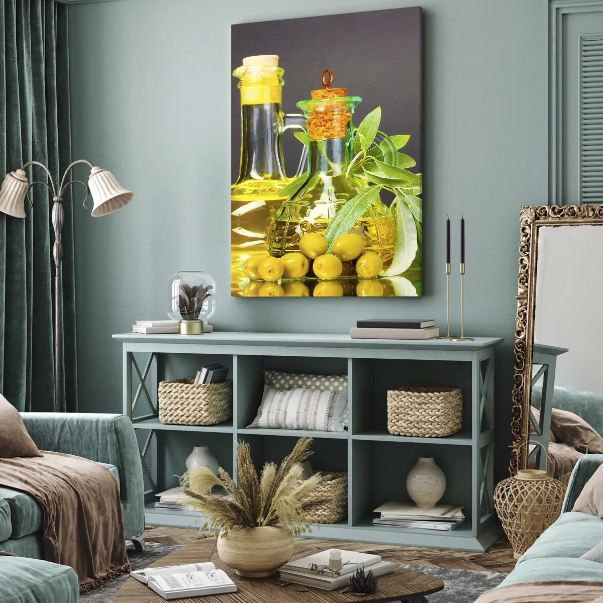 Tablou pe pânză - Natură moarte cu măsline și ulei - 45x80 cm