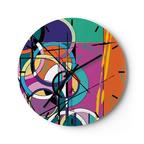 Ceas de perete - Ceas pe sticlă - Un cadran de ceas cu un motiv geometric abstract, în culori vii. - 30x30cm - Roată cu roată - Decorațiune modernă pentru perete pentru living, bucătărie și dormitor ARTTOR