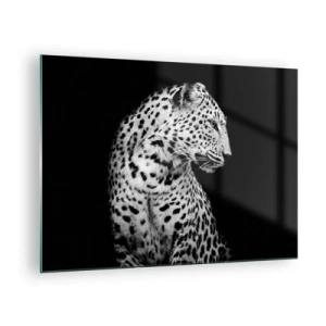 Tablou pe sticlă - Un leopard în lumină alb-negru pe o fereastră - 70x50cm - Profilul drept perfect! - Decorațiune modernă pentru perete pentru living și dormitor ARTTOR