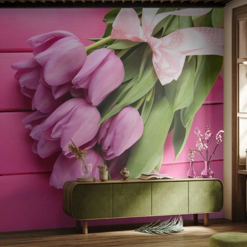 Tapet Standard Eco - Buchet de lalele mov cu panglică roz pe lemn - 100x70cm - Doar pentru tine - Decorațiune modernă pentru perete pentru living și dormitor ARTTOR