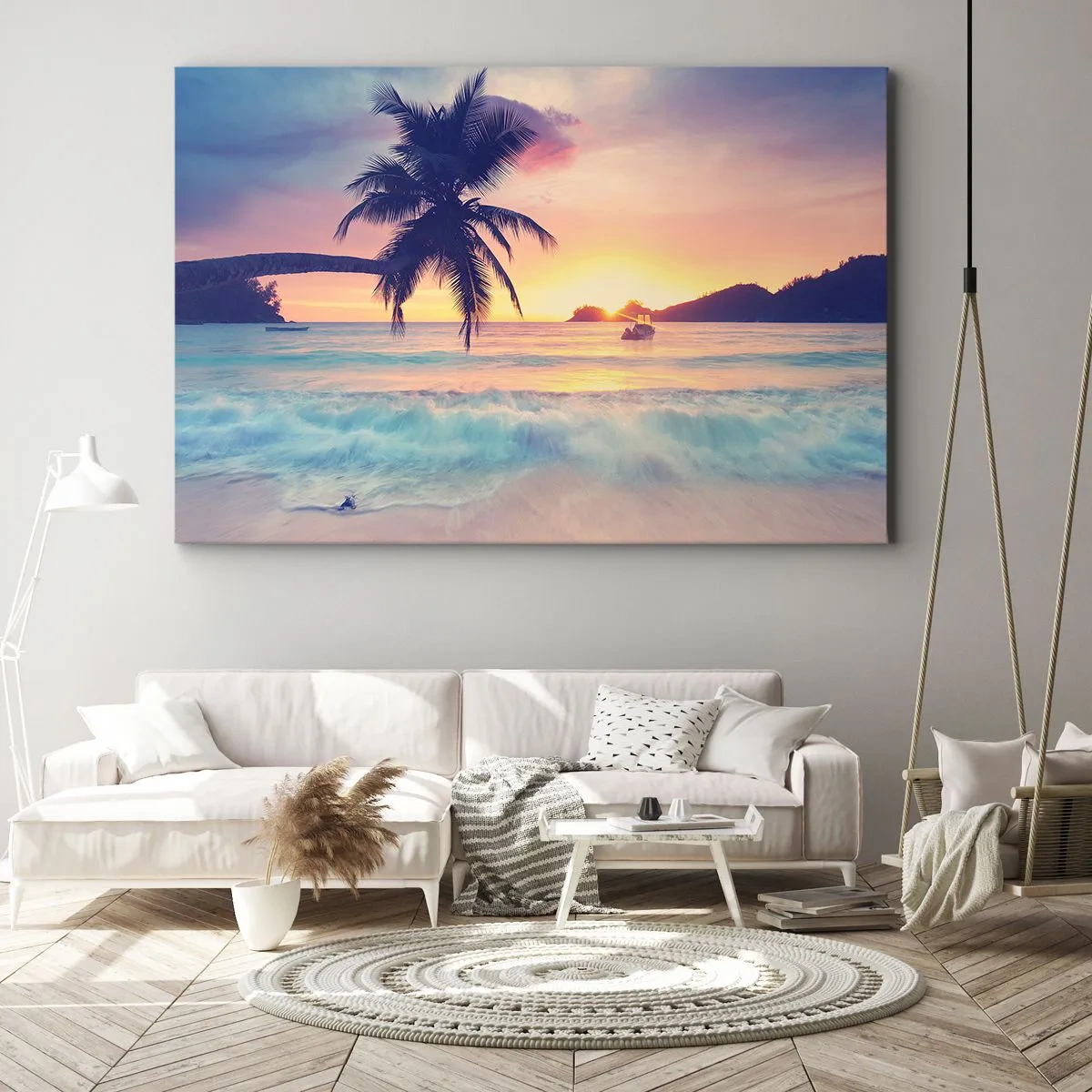 Tablou pe pânză Canvas - Plajă cu palmier și apus de soare peste ocean - 70x50cm - O seară în golf - Decorațiune modernă pentru perete pentru living și dormitor ARTTOR