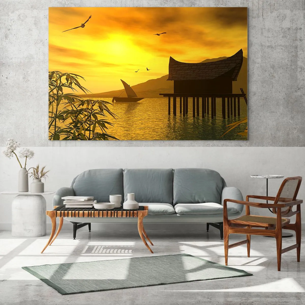 Tablou pe sticlă - Apus de soare peste lac cu o casă pe piloni - 70x50cm - Pacea dorită - Decorațiune modernă pentru perete pentru living și dormitor ARTTOR