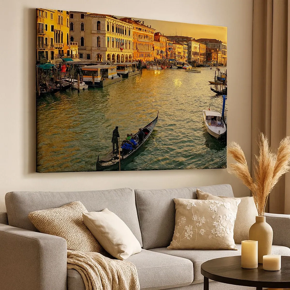 Tablou pe pânză Canvas - Gondolă pe un canal din Veneția la apus - 70x50cm - Pe partea însorită a străzii - Decorațiune modernă pentru perete pentru living și dormitor ARTTOR