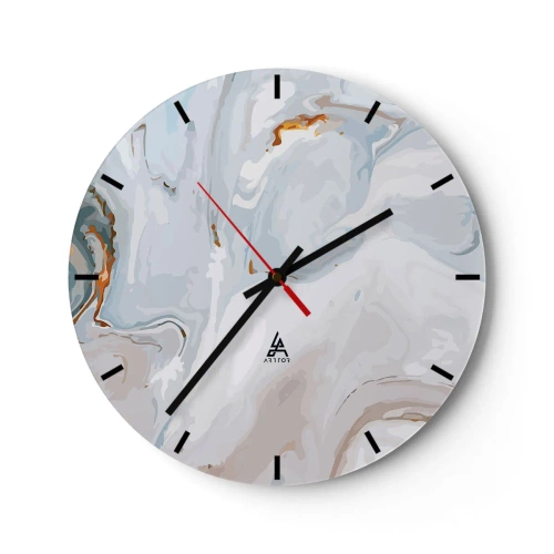 Ceas de perete - Ceas pe sticlă - Un model abstract în nuanțe de albastru, gri și bej, cu o notă aurie. - 30x30cm - Albul ridicat - Decorațiune modernă pentru perete pentru living, bucătărie și dormitor ARTTOR