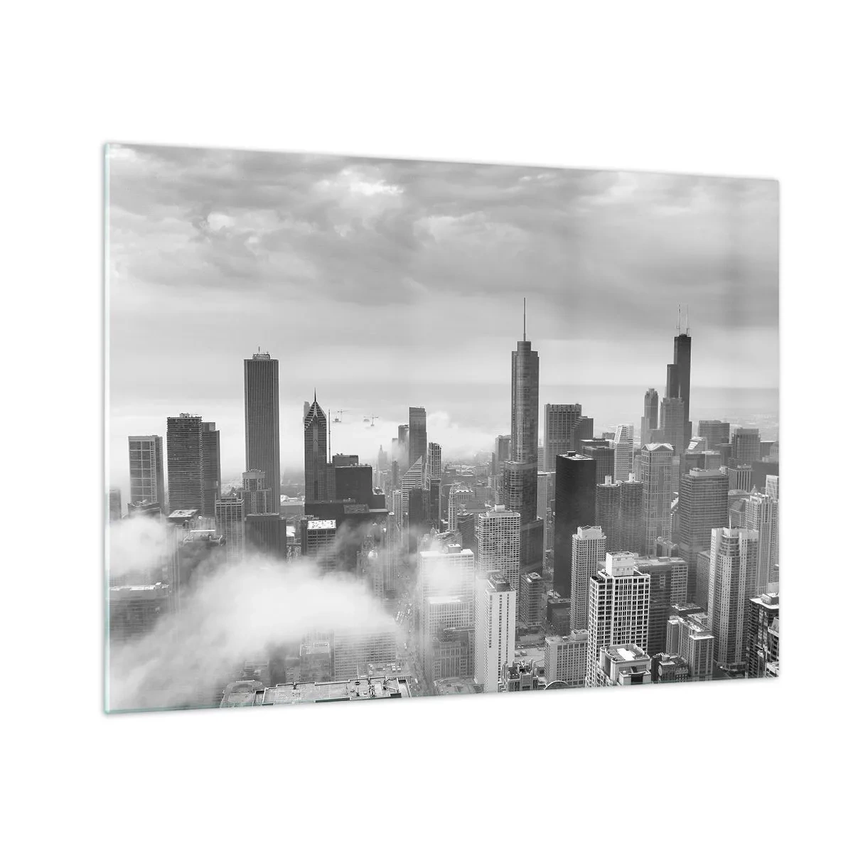 Tablou pe sticlă - Panoramă a orașului cu zgârie-nori în alb și negru - 70x50cm - Peisaj american - Decorațiune modernă pentru perete pentru living și dormitor ARTTOR