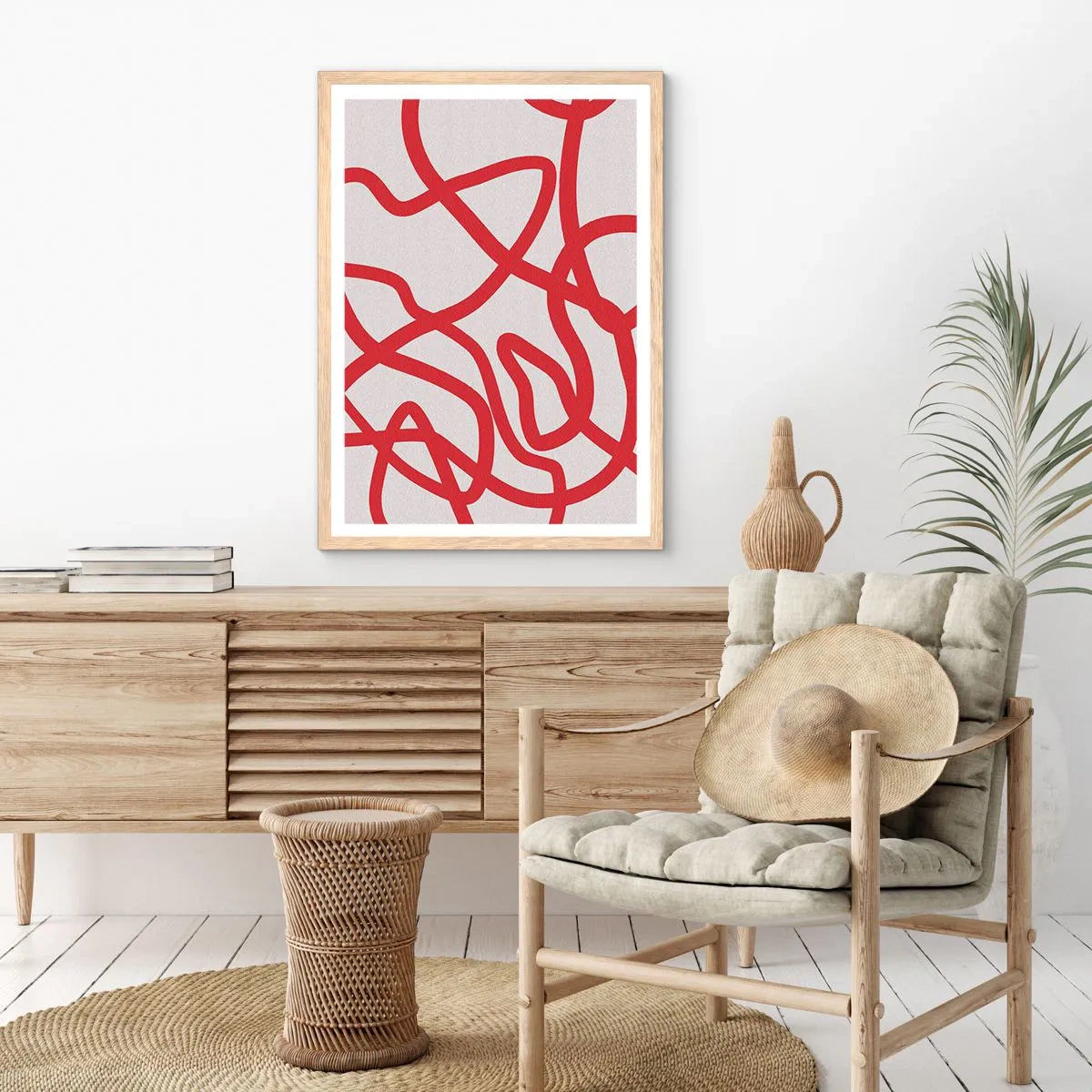 Poster în ramă de stejar deschis - Roșu pe alb - 70x100 cm