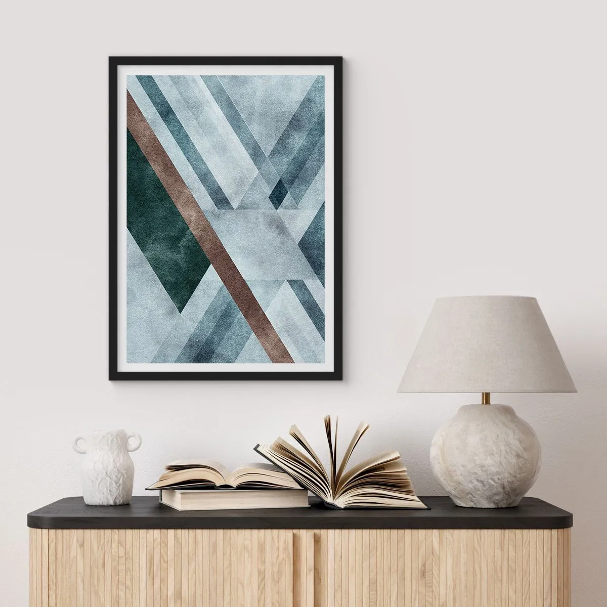 Poster în ramă neagră - Compoziție geometrică în nuanțe de albastru și maro - 50x70cm - Eleganța sofisticată a geometriei - Decorațiune modernă pentru perete pentru living și dormitor ARTTOR