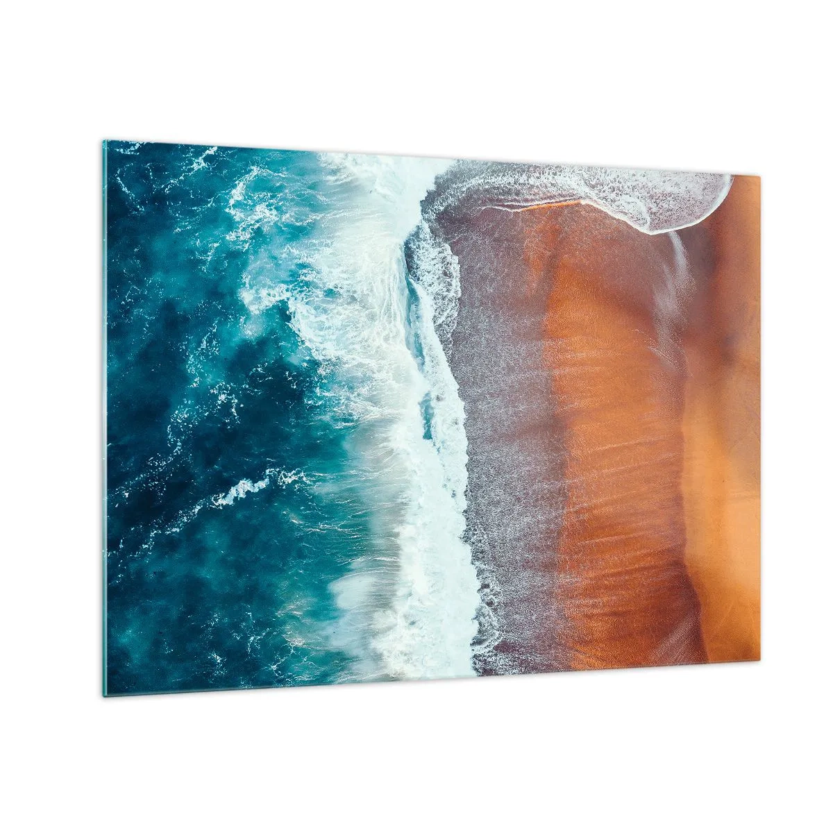 Tablou pe sticlă - Vedere aeriană a suprafeței oceanului și a țărmului plajei - 70x50cm - Atingerea oceanului - Decorațiune modernă pentru perete pentru living și dormitor ARTTOR