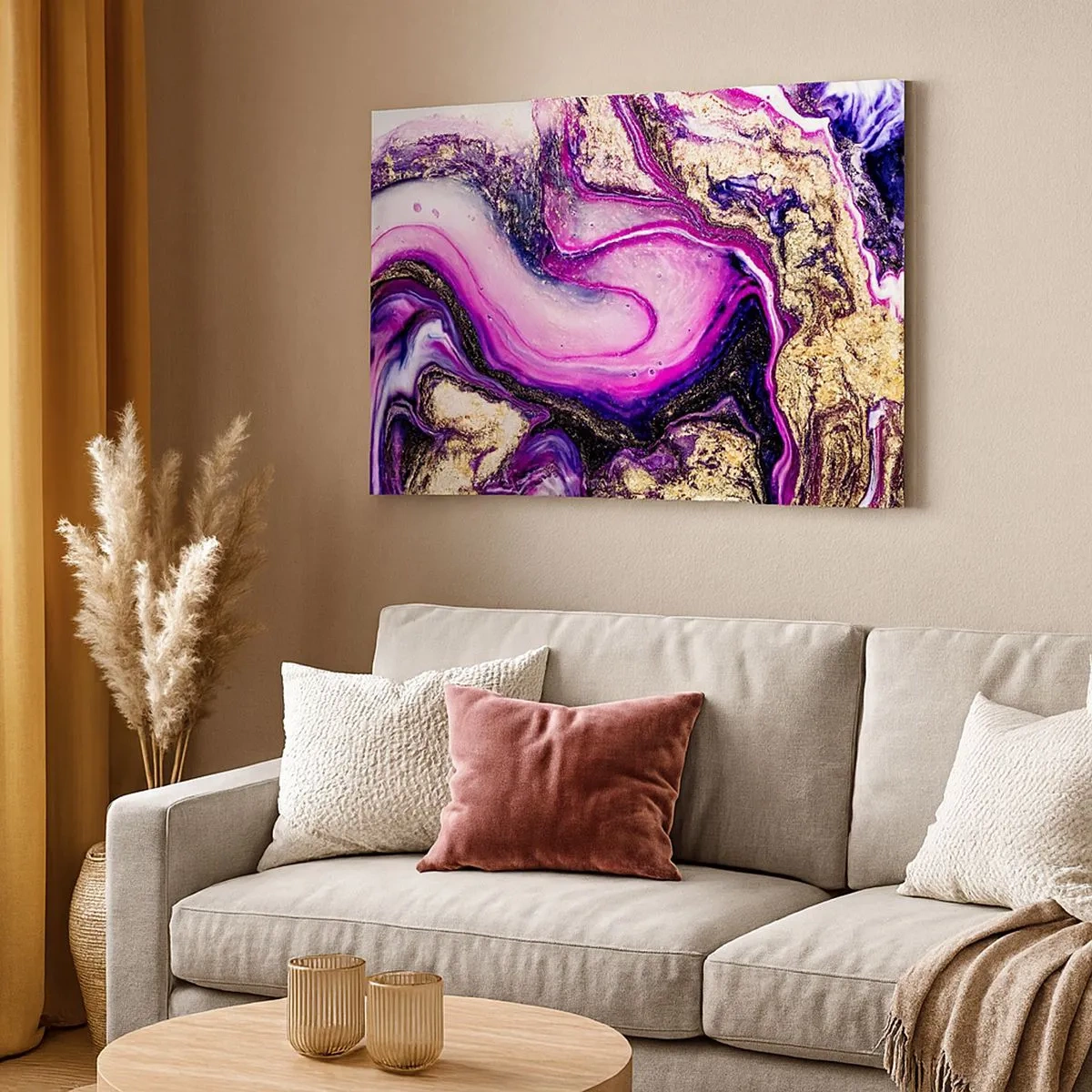 Tablou pe pânză Canvas - Valuri abstracte în nuanțe de violet și auriu - 70x50cm - Un moment în culise - Decorațiune modernă pentru perete pentru living și dormitor ARTTOR