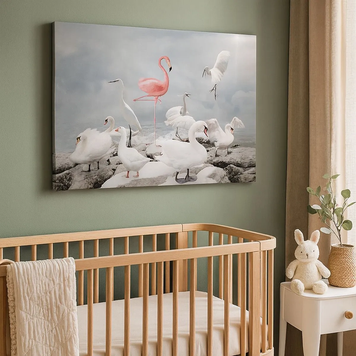 Tablou pe pânză Canvas - Un flamingo roz printre lebede albe pe fundalul unui lac - 70x50cm - De unde am venit? - Decorațiune modernă pentru perete pentru living și dormitor ARTTOR