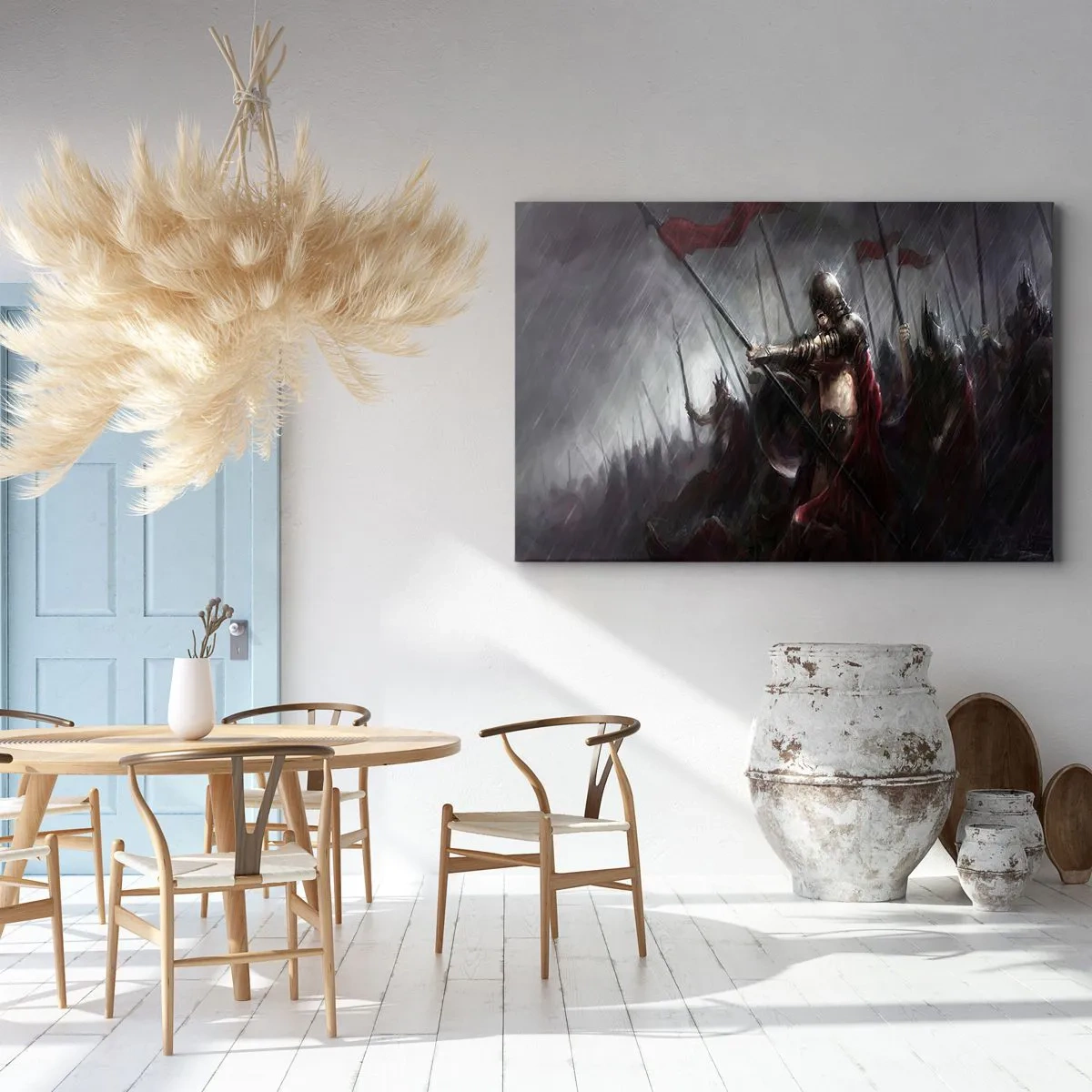 Tablou pe pânză Canvas - Cavaleri mărșăluind spre câmpul de luptă în ploaie - 70x50cm - Trecătorule, spune-i Spartei.. - Decorațiune modernă pentru perete pentru living și dormitor ARTTOR