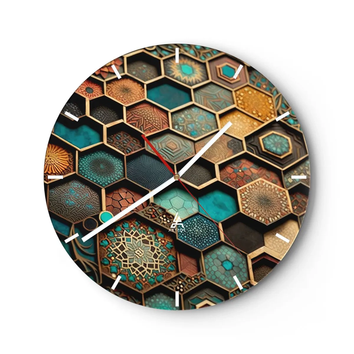 Ceas de perete - Ceas pe sticlă - Hexagone multicolore cu modele orientale - 30x30cm - Ornamente arabe - o variație - Decorațiune modernă pentru perete pentru living, bucătărie și dormitor ARTTOR
