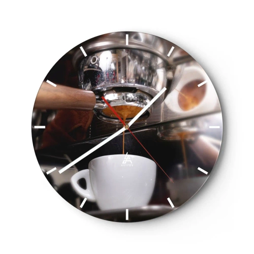 Ceas de perete - Ceas pe sticlă - Prim-plan al unui aparat de cafea cu o ceașcă de espresso - 30x30cm - Cel mai bun moment al zilei - Decorațiune modernă pentru perete pentru living, bucătărie și dormitor ARTTOR