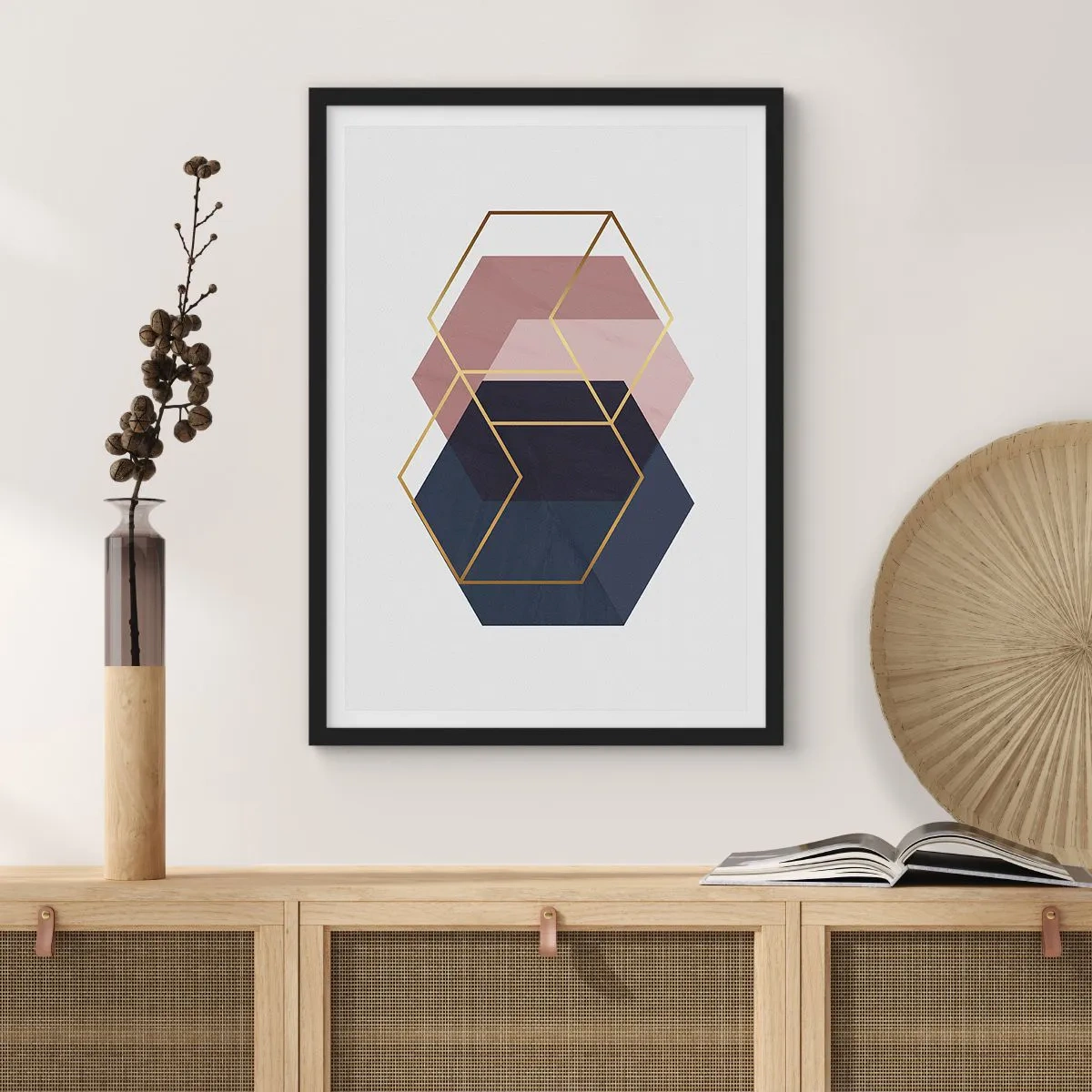 Poster în ramă neagră - Forme geometrice aurii pe un fundal în nuanțe de albastru marin și roz - 50x70cm - Puterea simplității - Decorațiune modernă pentru perete pentru living și dormitor ARTTOR