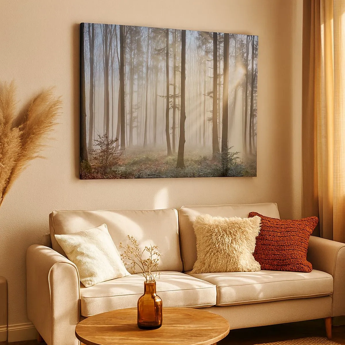 Tablou pe pânză Canvas - O pădure într-o ceață ușoară, cu raze de soare care strălucesc printre copaci - 70x50cm - Ceața s-a trezit și ea - Decorațiune modernă pentru perete pentru living și dormitor ARTTOR