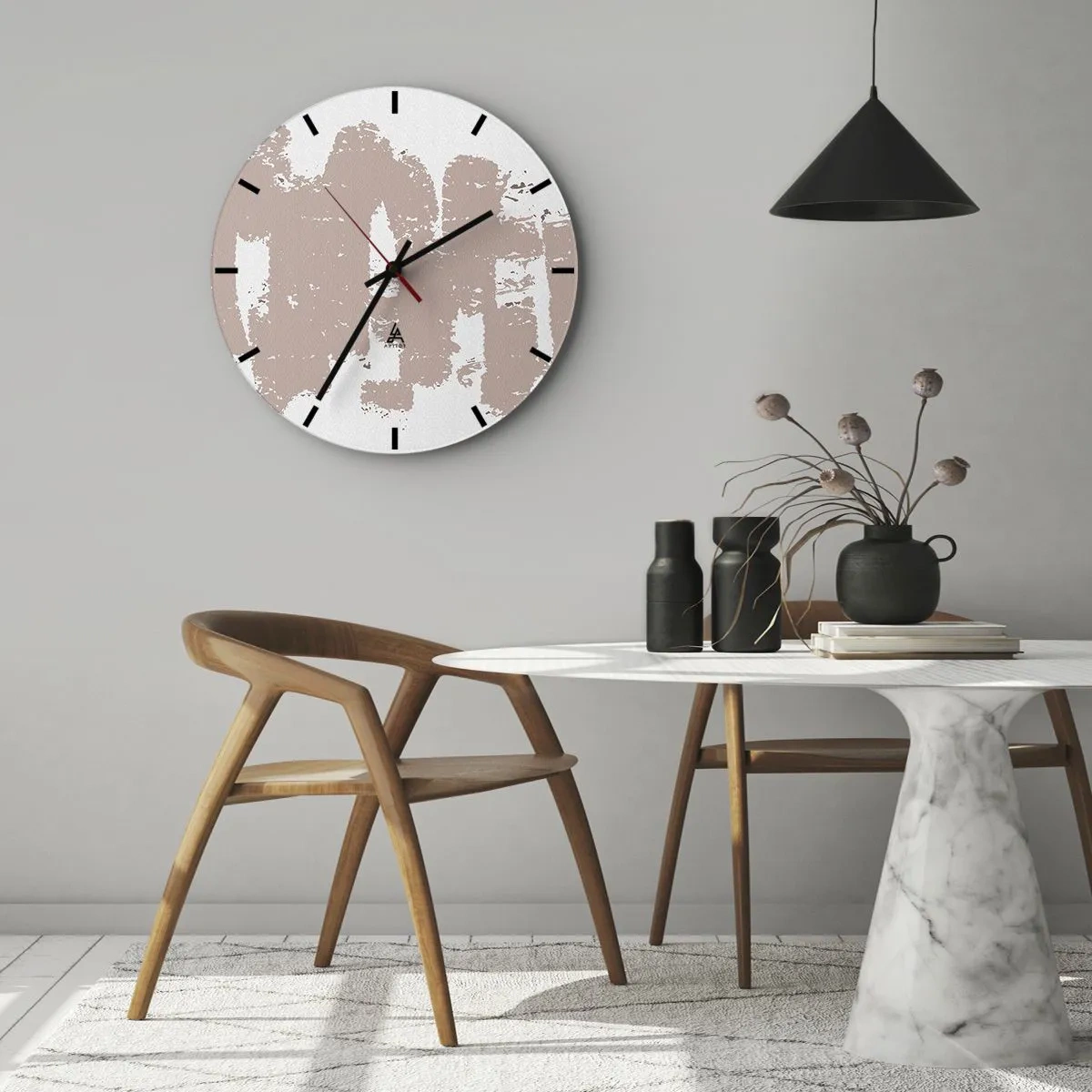 Ceas de perete - Ceas pe sticlă - Abstracție texturală în nuanțe de roz pudră - 30x30cm - Abstracție în roz moale - Decorațiune modernă pentru perete pentru living, bucătărie și dormitor ARTTOR