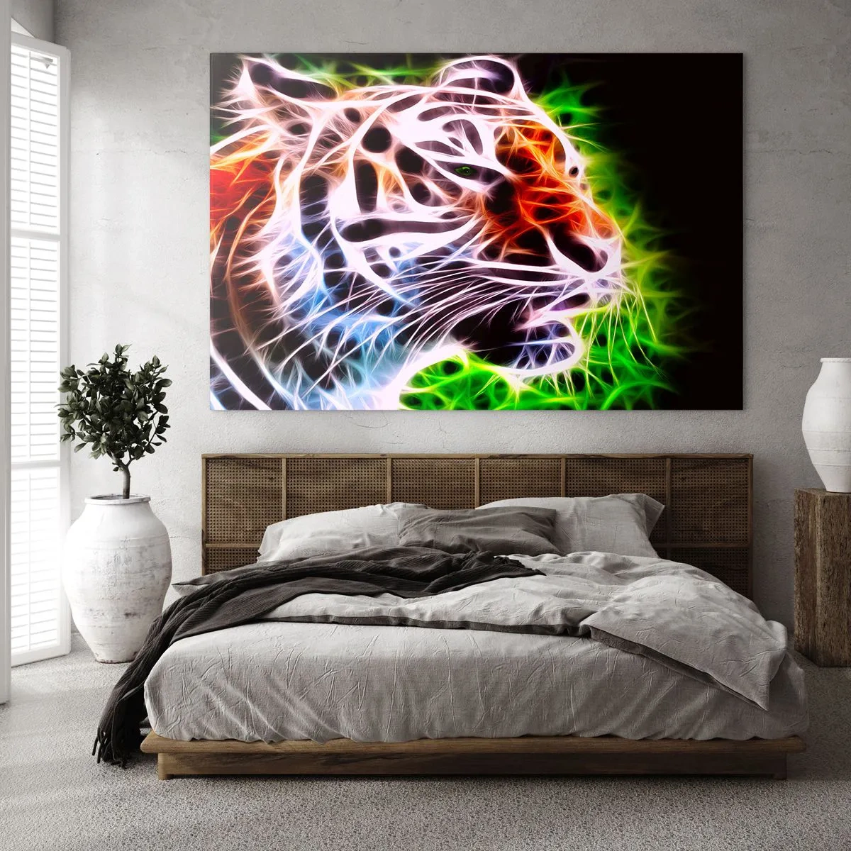 Tablou pe sticlă - Un tigru în culori neon, luminoase - 70x50cm - Aură amenințătoare - Decorațiune modernă pentru perete pentru living și dormitor ARTTOR