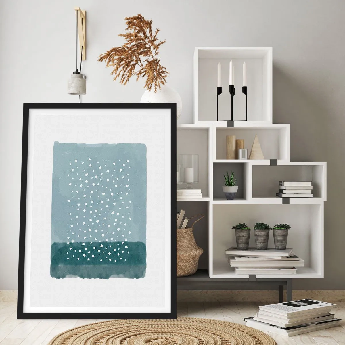 Poster în ramă neagră - O compoziție abstractă cu puncte albe pe fundal albastru. - 50x70cm - Crescute pe albastru - Decorațiune modernă pentru perete pentru living și dormitor ARTTOR