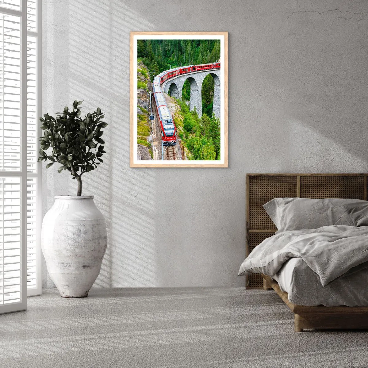 Poster în ramă de stejar deschis - Cu trenul prin munți - 61x91 cm