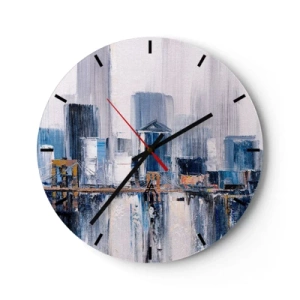 Ceas de perete - Ceas pe sticlă - Panoramă impresionistă a orașului cu zgârie-nori și un pod - 30x30cm - Impresie de New York - Decorațiune modernă pentru perete pentru living, bucătărie și dormitor ARTTOR