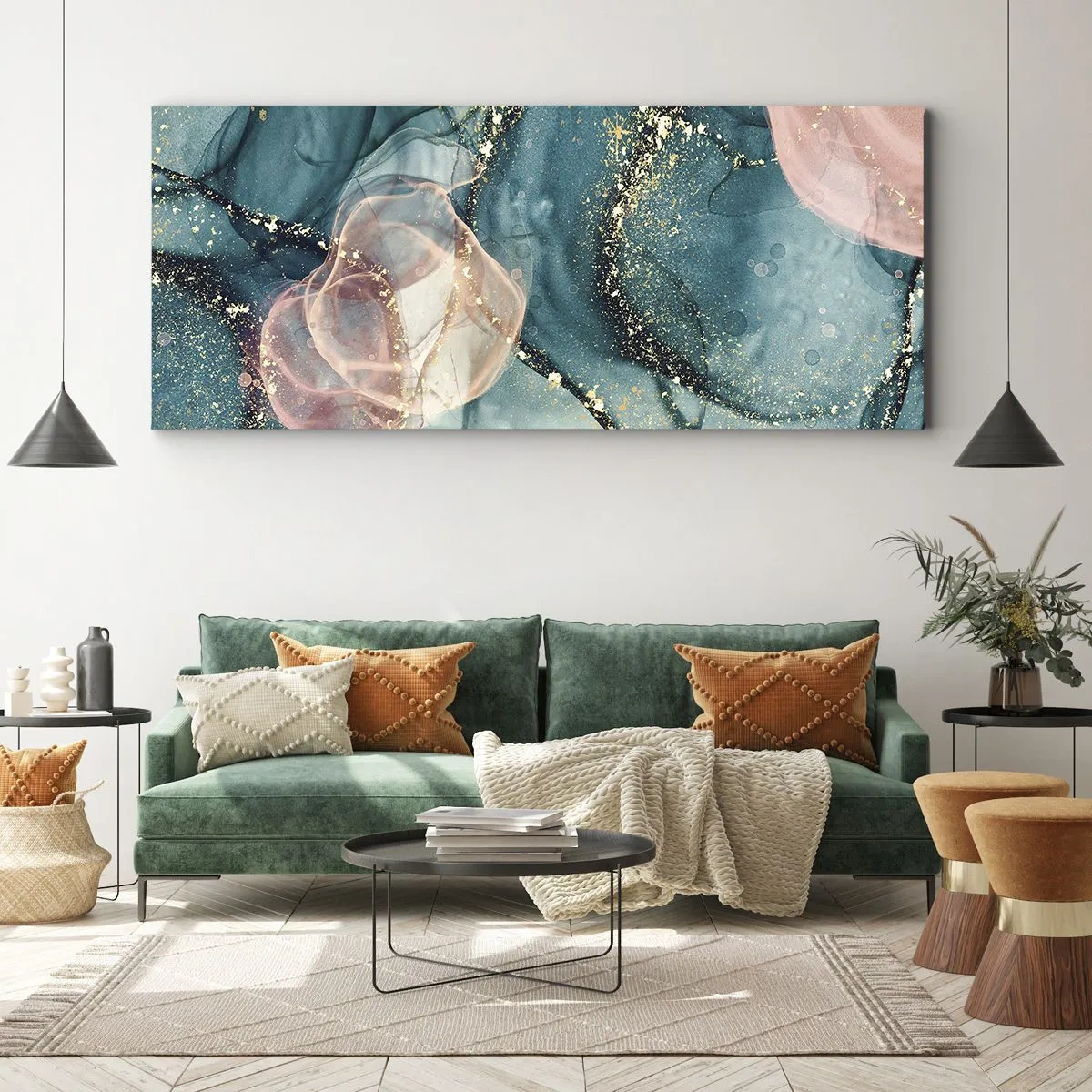 Tablou pe pânză - Mătase albastră, tul roz - 100x40 cm