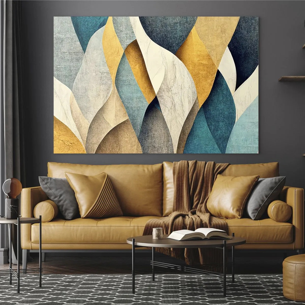 Tablou pe sticlă - Forme abstracte în nuanțe de galben și albastru - 70x50cm - Ritm și ondulare - Decorațiune modernă pentru perete pentru living și dormitor ARTTOR