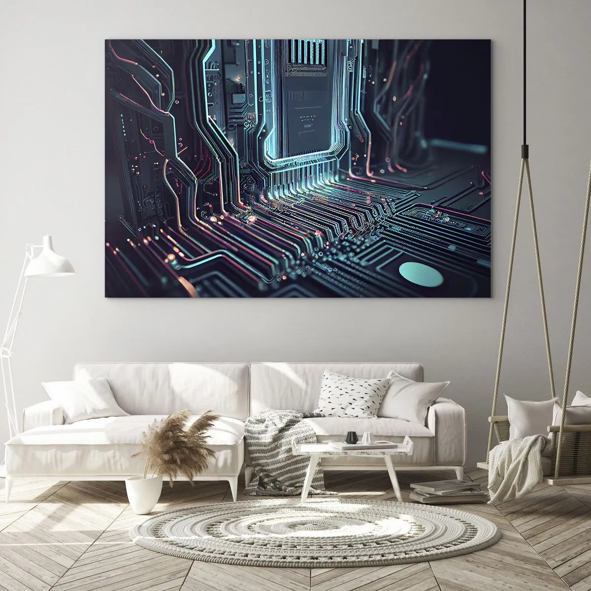 Tablou pe sticlă - Vizualizare neon a urmelor procesorului pe fundal negru - 70x50cm - Iată la ce mă gândesc... - Decorațiune modernă pentru perete pentru living și dormitor ARTTOR
