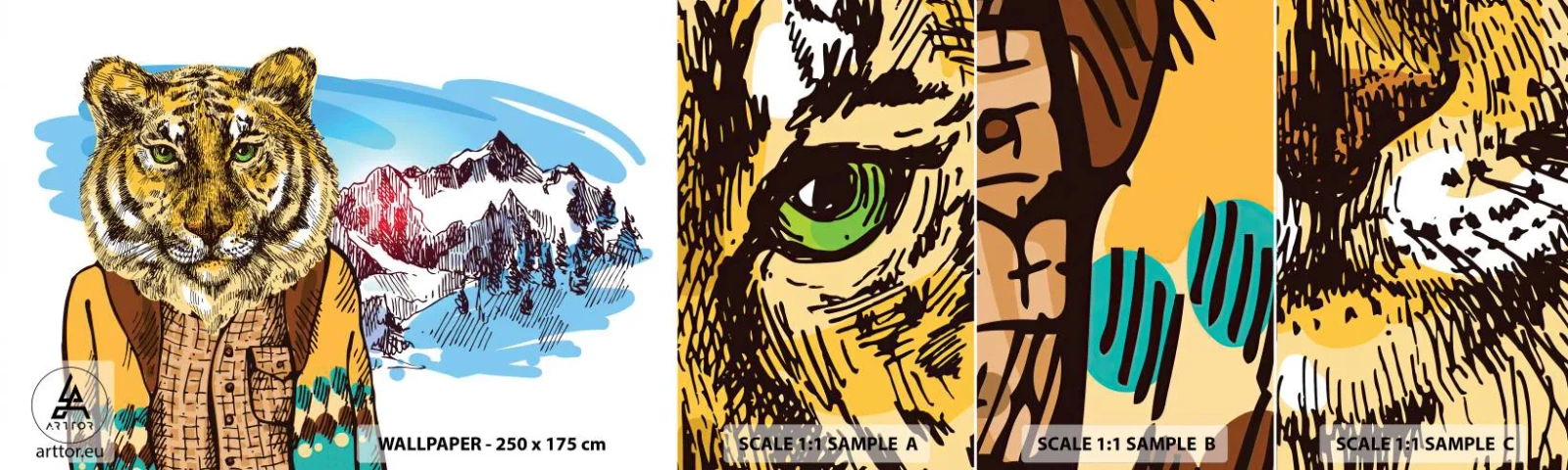 Mostră tapet autocolant Deluxe Sticker - Nu atât de sălbatic cum este cunoscut - Abstracția, Tigru, Munţi - 100x30 cm