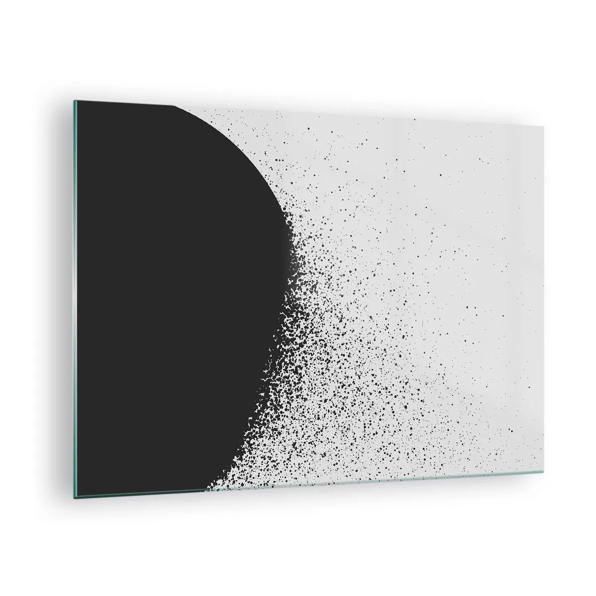Tablou pe sticlă - Abstracția unei mase negre care se destramă pe un fundal alb - 70x50cm - Mișcarea particulelor - Decorațiune modernă pentru perete pentru living și dormitor ARTTOR
