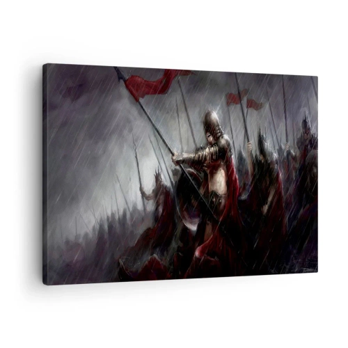 Tablou pe pânză Canvas - Cavaleri mărșăluind spre câmpul de luptă în ploaie - 70x50cm - Trecătorule, spune-i Spartei.. - Decorațiune modernă pentru perete pentru living și dormitor ARTTOR