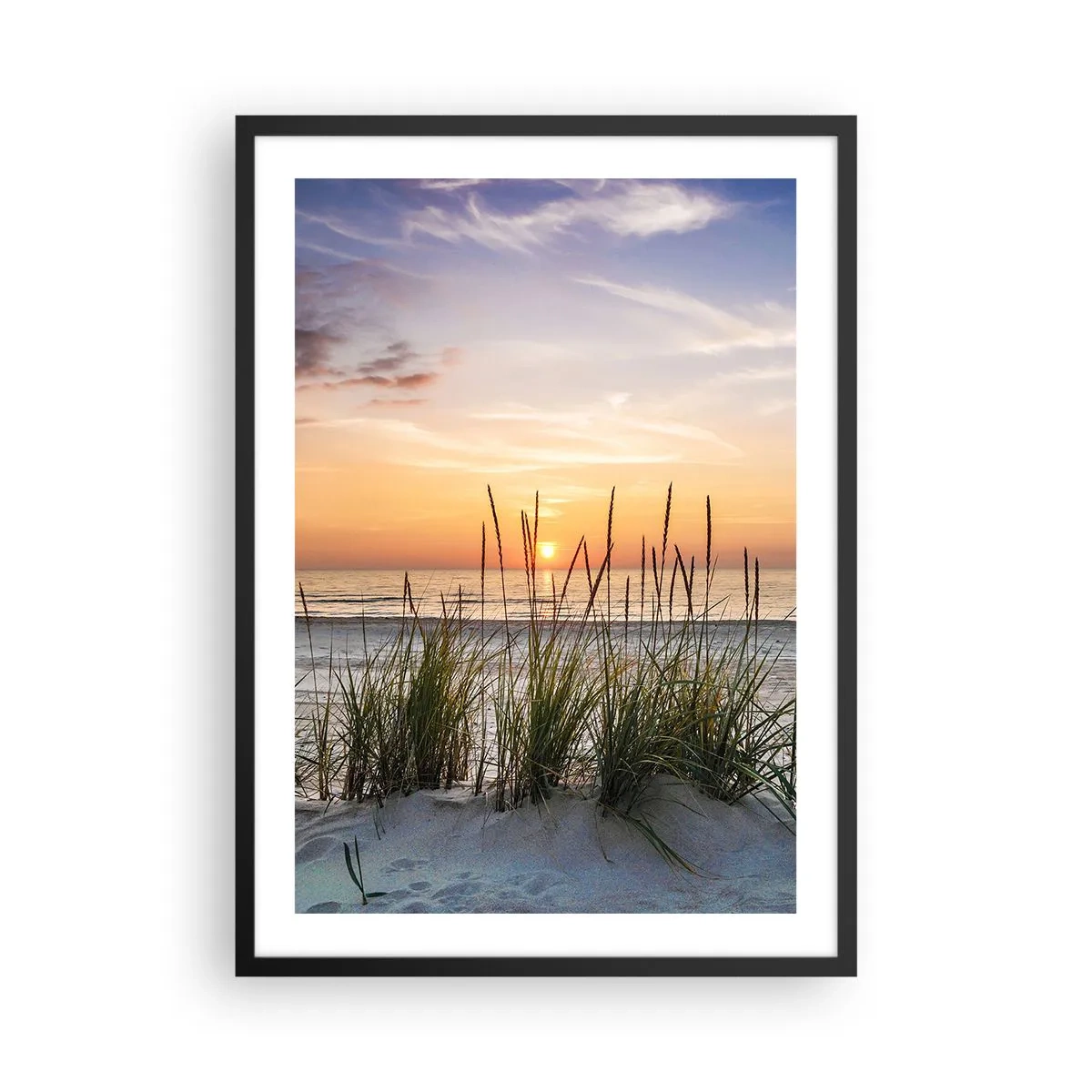 Poster în ramă neagră - Plajă cu vegetație la răsărit - 50x70cm - Privește, gândește, simte - Decorațiune modernă pentru perete pentru living și dormitor ARTTOR