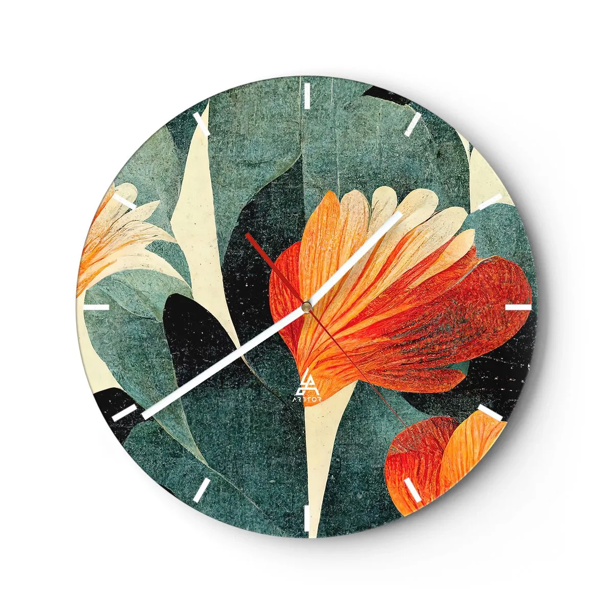 Ceas de perete - Ceas pe sticlă - Flori roșu-portocalii pe frunze verde închis - 30x30cm - Căldura de la tropice și răcoarea verdeței - Decorațiune modernă pentru perete pentru living, bucătărie și dormitor ARTTOR