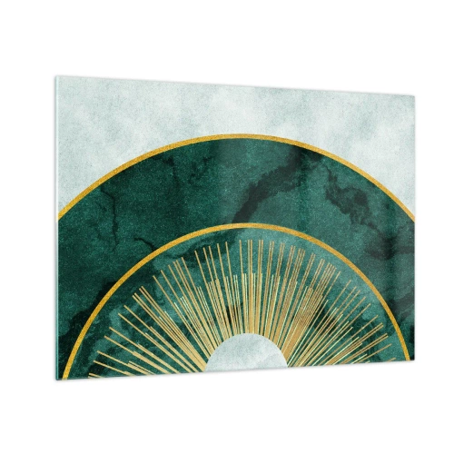 Tablou pe sticlă - Raze aurii pe un fundal de semicercuri verzi cu o structură de marmură - 70x50cm - Un alt sistem solar - Decorațiune modernă pentru perete pentru living și dormitor ARTTOR