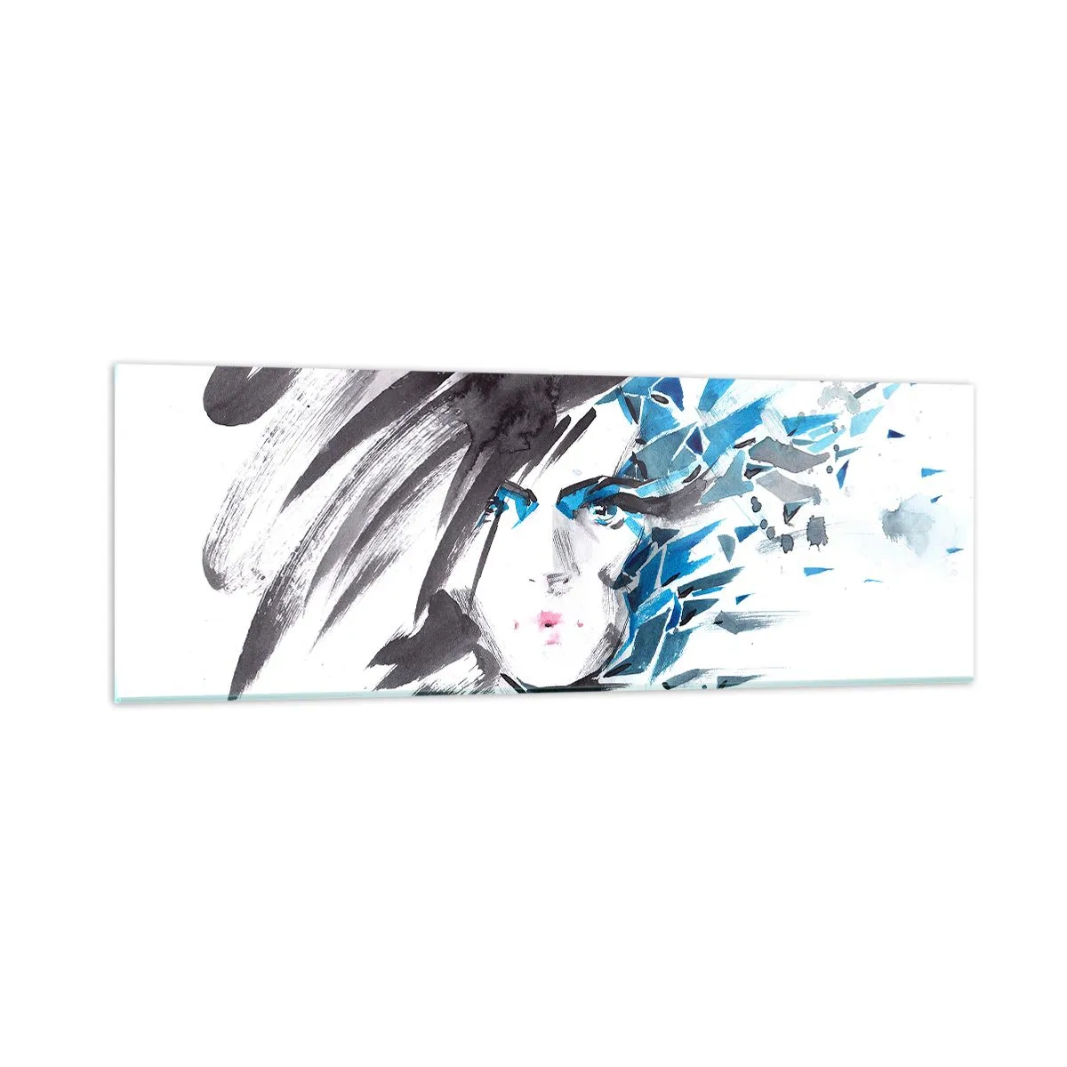 Tablou pe sticlă - Portret senzual în gri și albastru - 90x30 cm