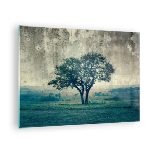 Tablou pe sticlă - Un copac singuratic într-un peisaj vintage - 70x50cm - Un măr pe o pajiște albastră? - Decorațiune modernă pentru perete pentru living și dormitor ARTTOR