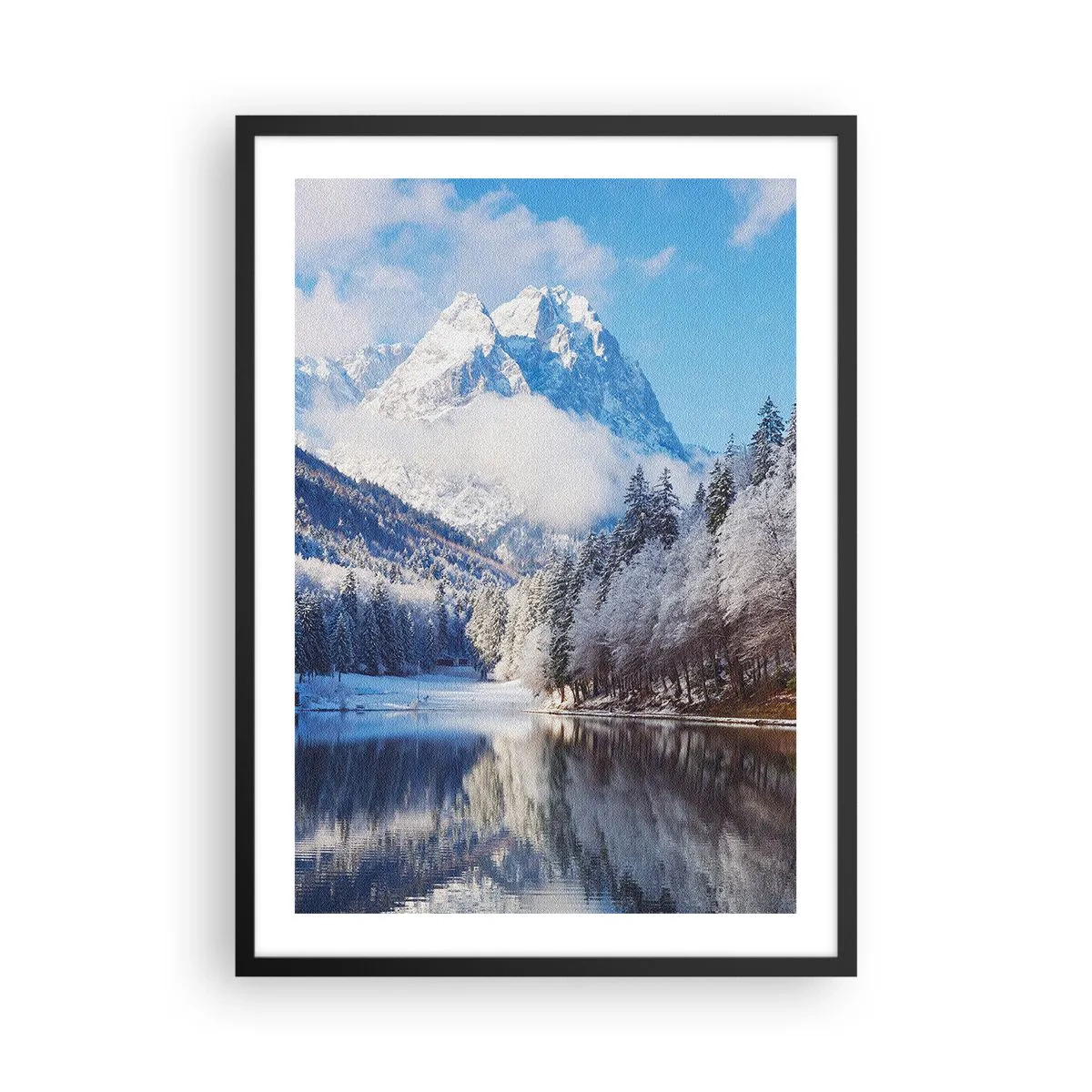 Poster în ramă neagră - Munți acoperiți de zăpadă reflectați într-un lac iarna - 50x70cm - Veghe de zăpadă - Decorațiune modernă pentru perete pentru living și dormitor ARTTOR
